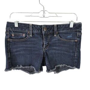Womens American Eagle Dark Wash Blue Denim Shorts Frayed Hem Cotton Stretch 6